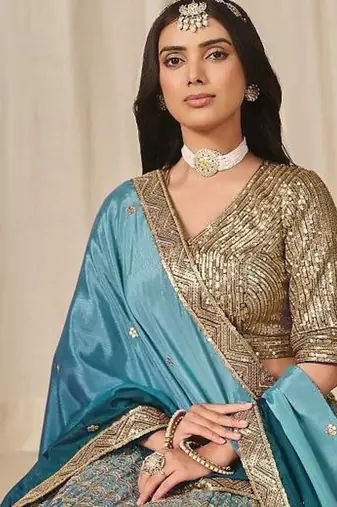 turquoise embriodered heavy chinon silk lehenga set with blouse and dupatta