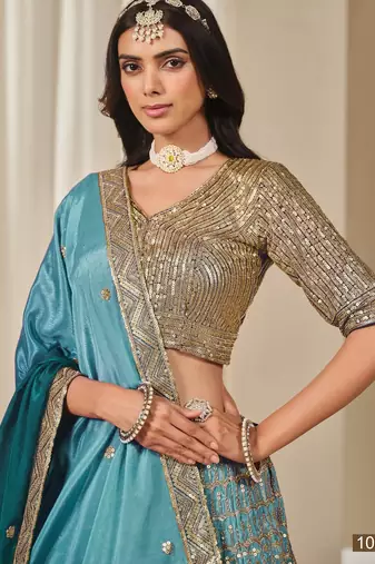 turquoise embriodered heavy chinon silk lehenga set with blouse and dupatta