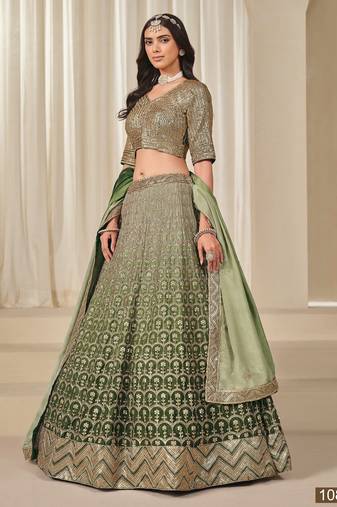 Mehendi Embriodered Heavy Chinon Silk Designer Semi Stitched Lehenga With Blouse