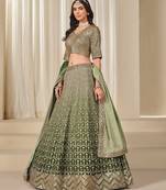 mehendi embriodered heavy chinon silk lehenga set with blouse and dupatta