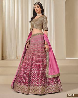 pink embriodered heavy chinon silk blend lehenga set with blouse and dupatta 1