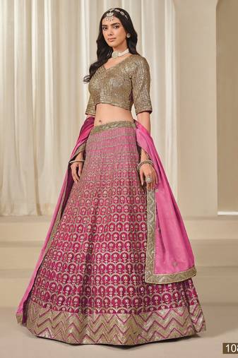 Pink Embriodered Heavy Chinon Silk Designer Semi Stitched Lehenga With Blouse