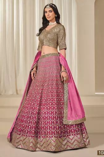 Pink Embriodered Heavy Chinon Silk Designer Semi Stitched Lehenga With Blouse