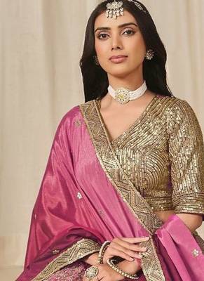 pink embriodered heavy chinon silk blend lehenga set with blouse and dupatta 2