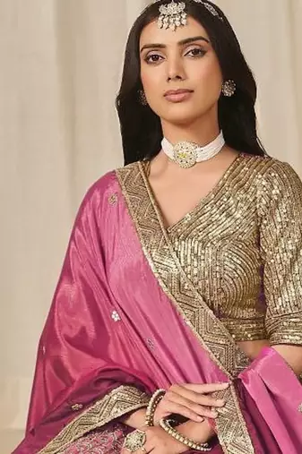 pink embriodered heavy chinon silk lehenga set with blouse and dupatta
