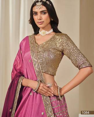 pink embriodered heavy chinon silk blend lehenga set with blouse and dupatta 3