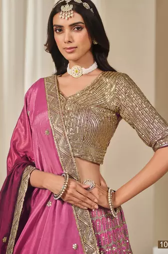 pink embriodered heavy chinon silk lehenga set with blouse and dupatta