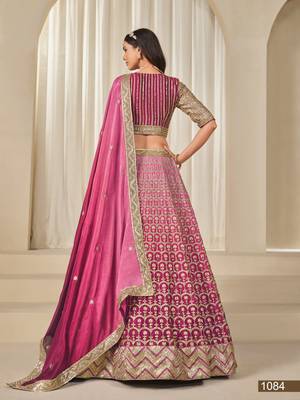 pink embriodered heavy chinon silk blend lehenga set with blouse and dupatta 4