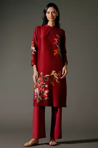 Wine printed chanderi silk kurta set