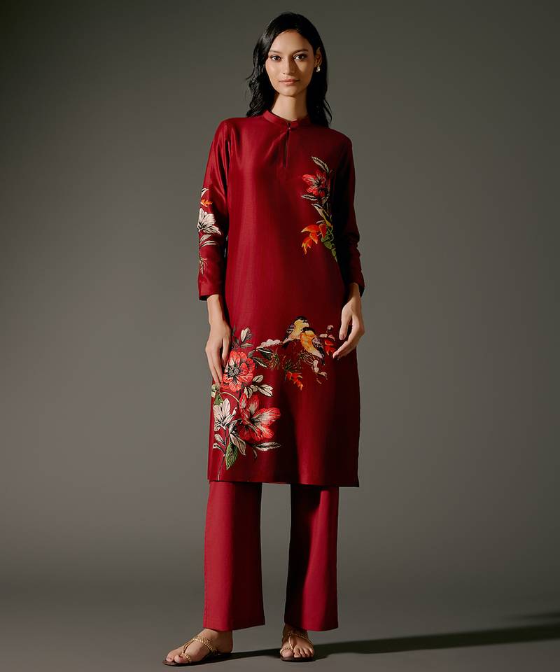 Wine printed chanderi silk kurta set