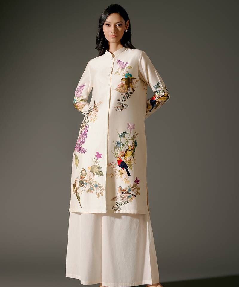 Ivory printed chanderi silk kurta set