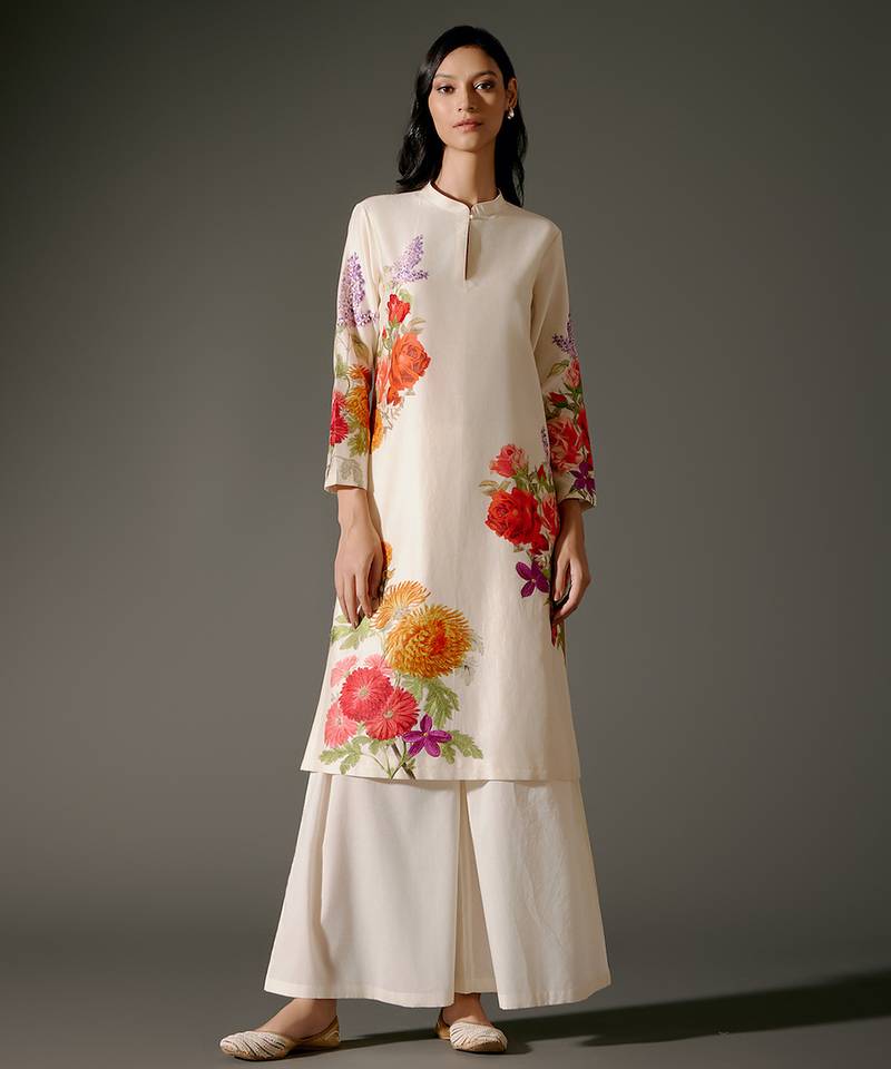 Ivory printed chanderi silk kurta set
