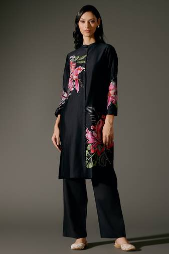 Black printed chanderi silk kurta set