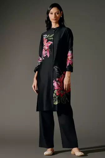 Black printed chanderi silk kurta set