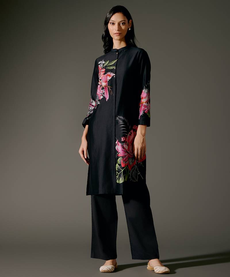 Black printed chanderi silk kurta set