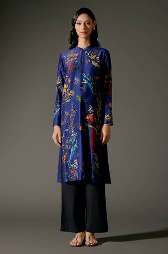 Indigo printed chanderi silk kurta set