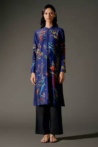 Indigo printed chanderi silk kurta set