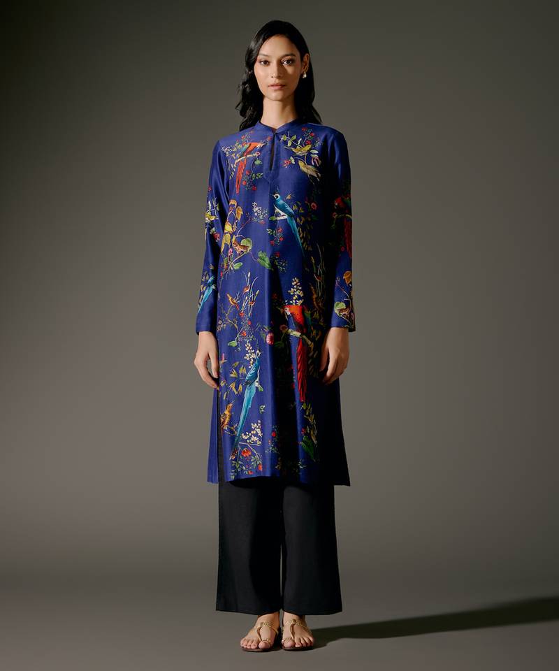 Indigo printed chanderi silk kurta set