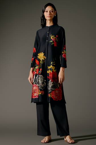 Black printed chanderi silk kurta set