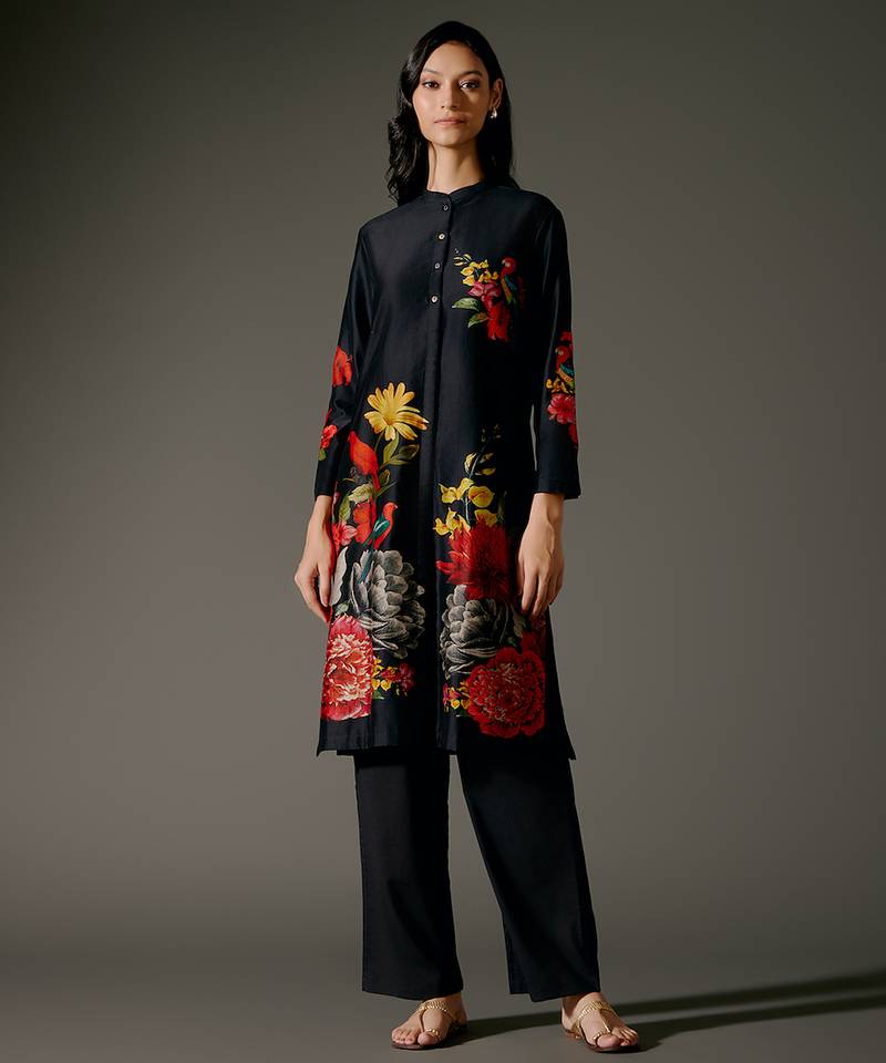Black printed chanderi silk kurta set