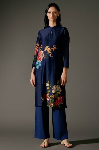 Indigo printed chanderi silk kurta set