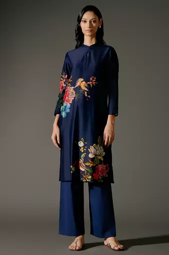 Indigo printed chanderi silk kurta set