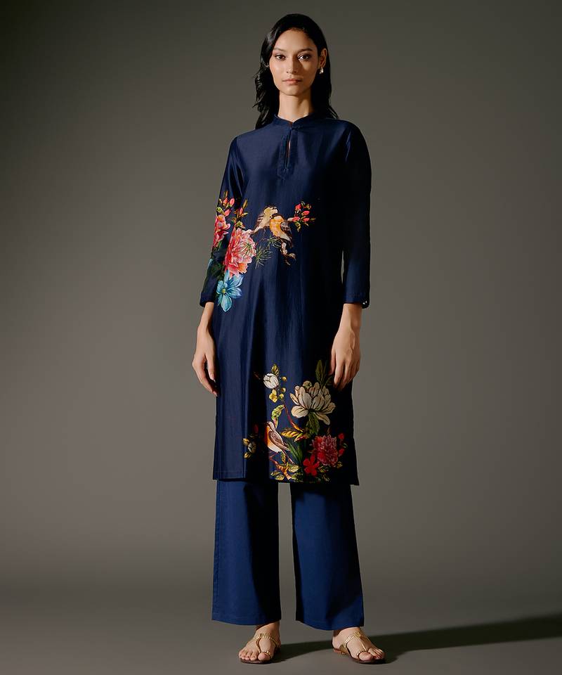 Indigo printed chanderi silk kurta set