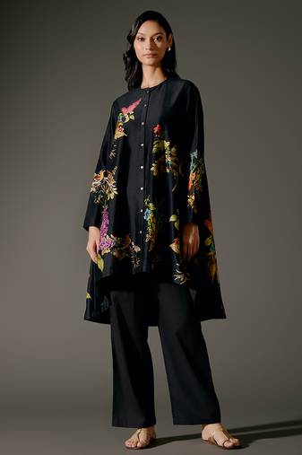 Black printed chanderi silk kurta set