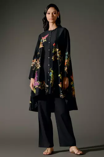 Black printed chanderi silk kurta set