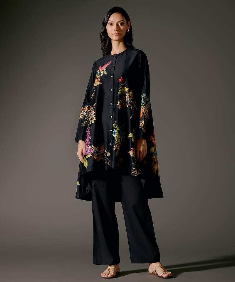 Black printed chanderi silk kurta set