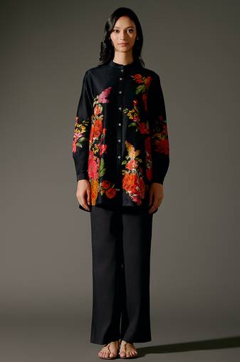 Black printed chanderi silk kurta set