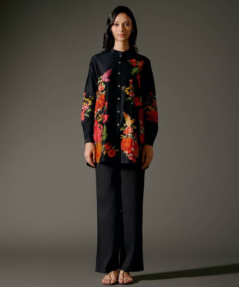 Black printed chanderi silk kurta set