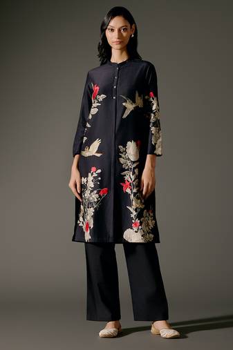 Black printed chanderi silk kurta set