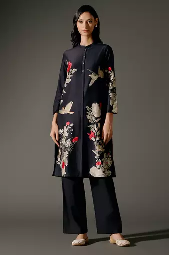 Black printed chanderi silk kurta set