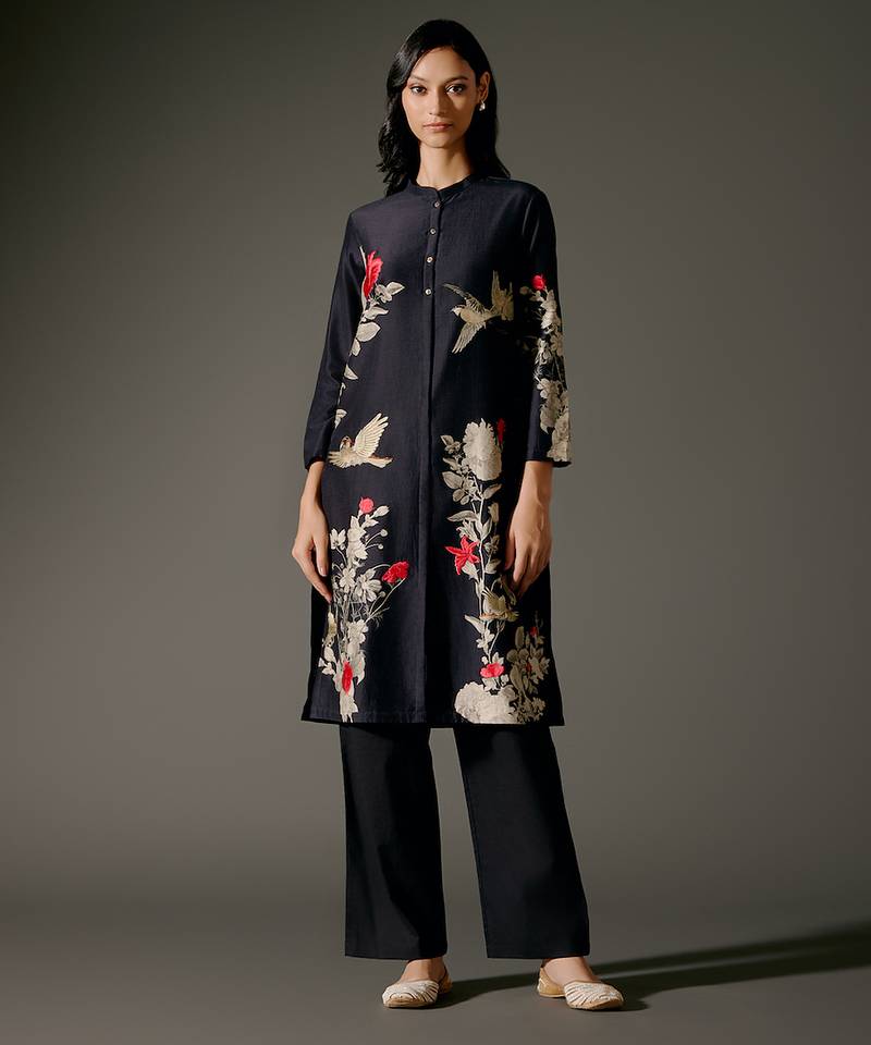 Black printed chanderi silk kurta set
