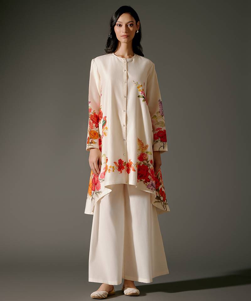 Ivory printed chanderi silk kurta set