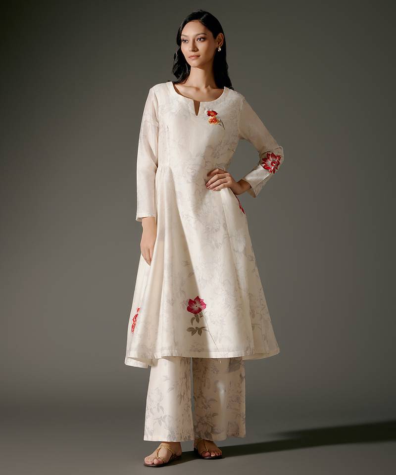 Ivory printed chanderi silk kurta set
