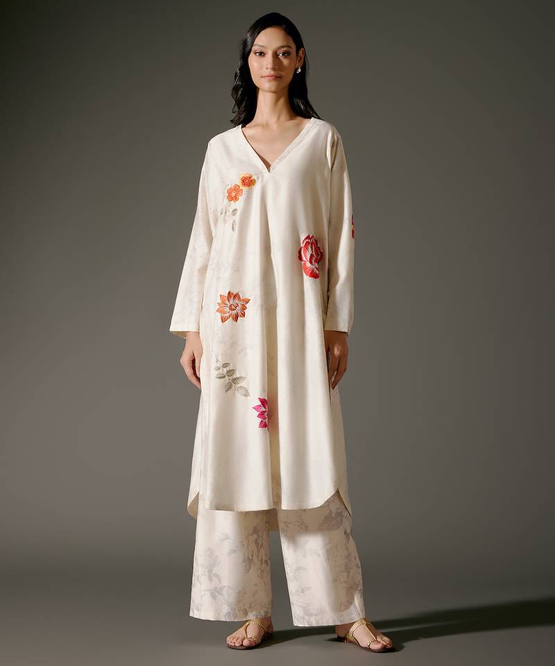 Ivory printed chanderi silk kurta set