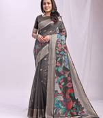 Woven jacquard grey linen cotton saree