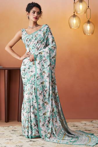 Aqua crepe printed ready to wear saree