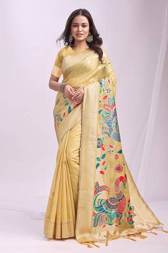Woven jacquard yelllow linen cotton saree