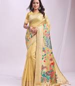 Woven jacquard yelllow linen cotton saree