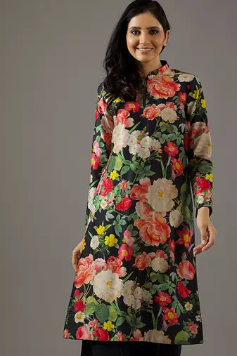 Black floral printed chanderi silk kurta set