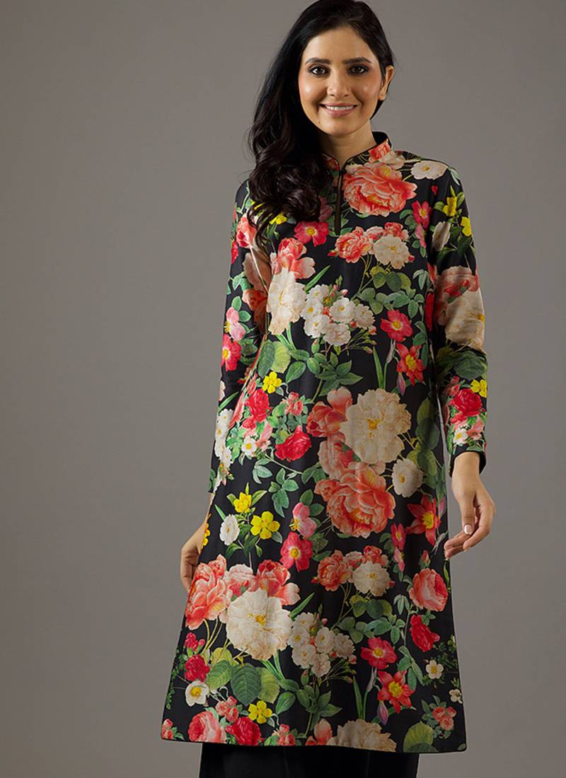 Black floral printed chanderi silk kurta set