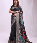 Woven jacquard black linen cotton saree