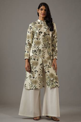 Ivory floral printed chanderi silk kurta set