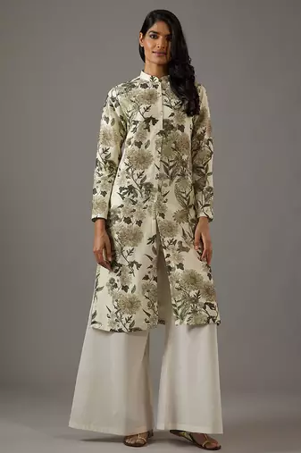 Ivory floral printed chanderi silk kurta set