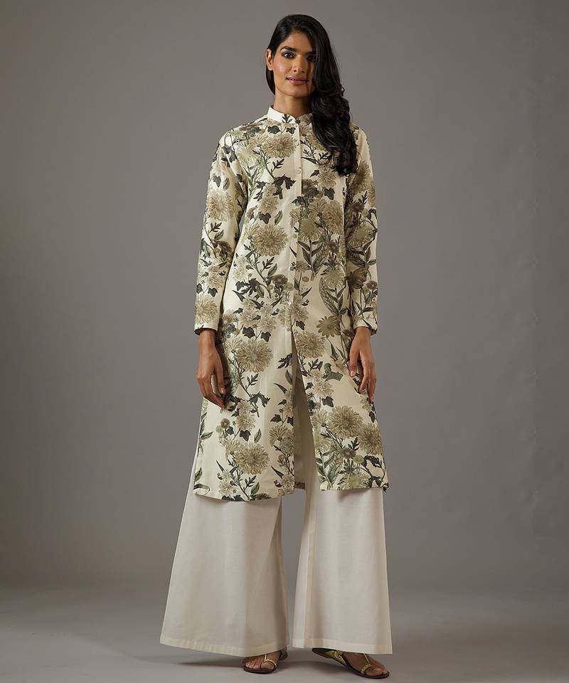 Ivory floral printed chanderi silk kurta set