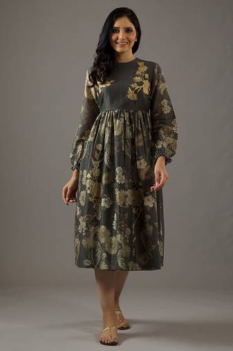 Grey floral printed chanderi silk dress