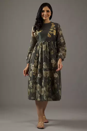 Grey floral printed chanderi silk dress